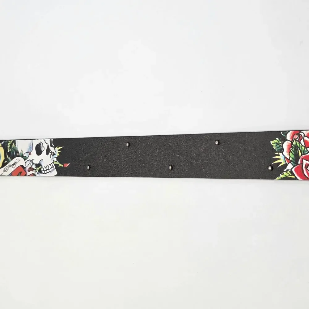 Ed Hardy Men's Skull Rose Print Black Belt With Rivet Studs Size 36 Y2K Punk New